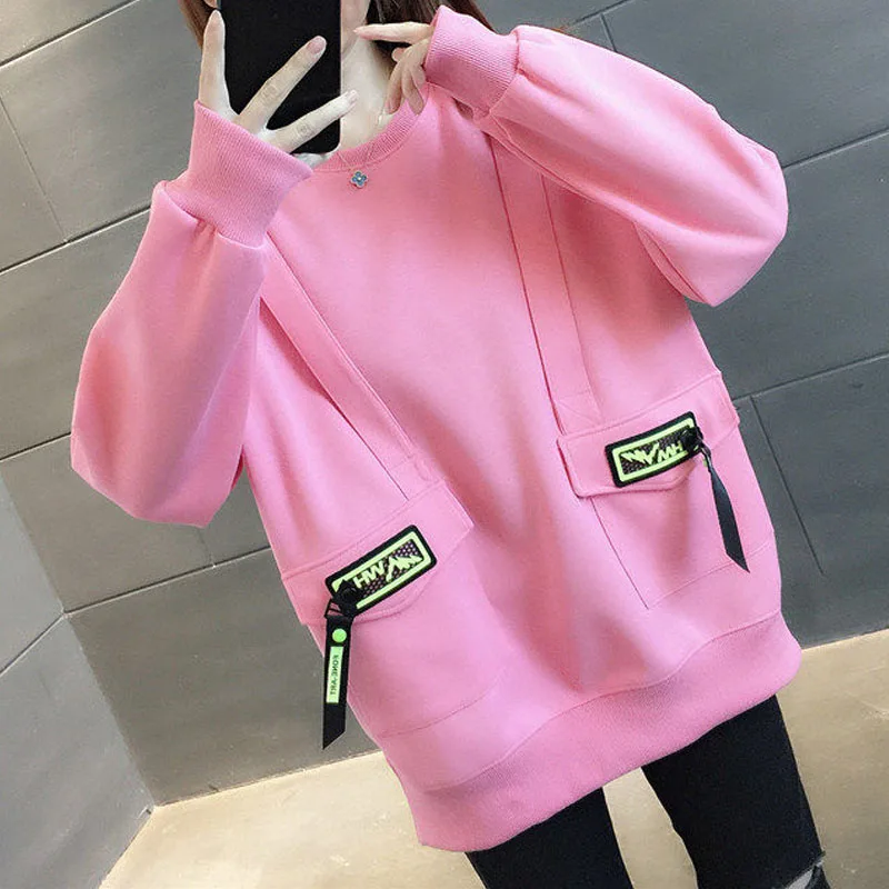 Sudaderas informales con bolsillos empalmados para mujer, jerséis de manga larga sueltos, Tops sólidos, ropa de otoño e invierno