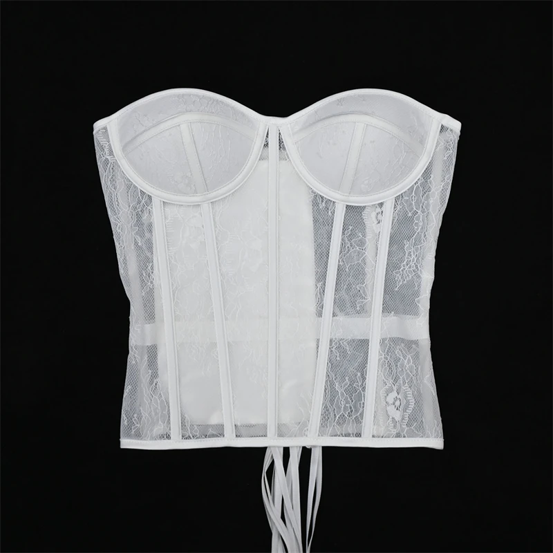 

Sexy Women Corset Bustiers Strapless With Bra Breathable White Mesh Lace Up Boned Bodices Waist Girdle Tummy Control Tight Tops