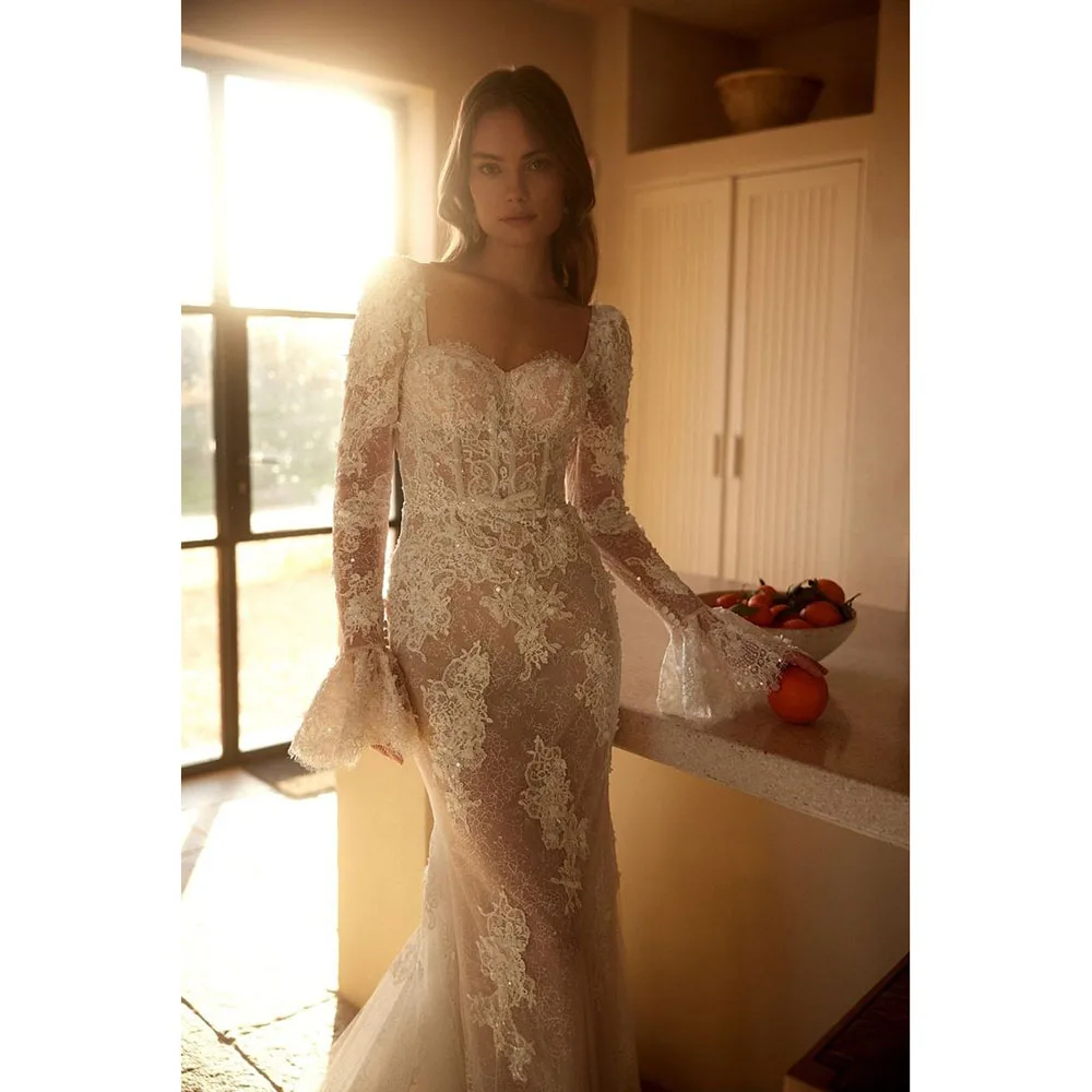 Luxury Elegant White Lace Wedding Party Dresses Full Sleeves Sweetheart Floor Length Trumpet Illusion Smart Female Prom Gowns