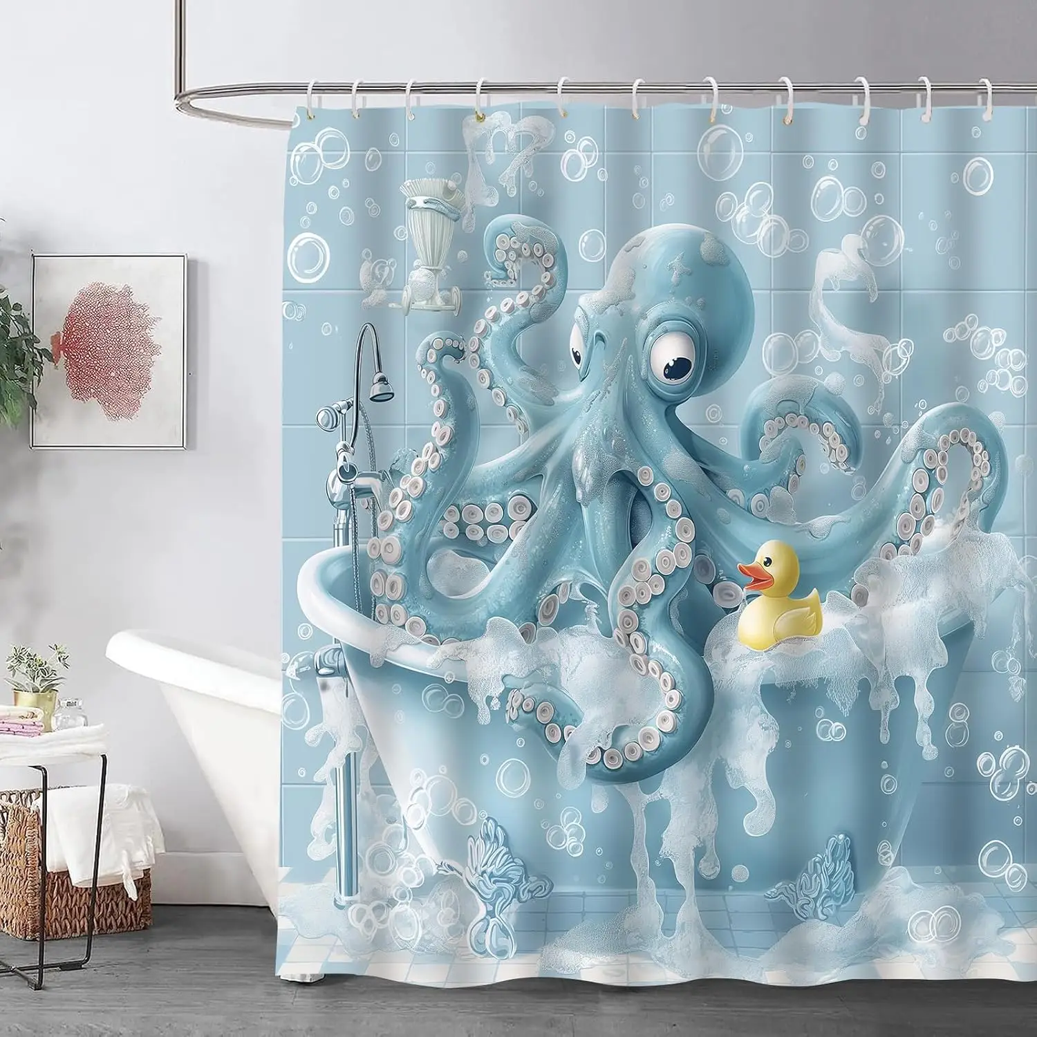 

Whimsical Octopus Bath Time Shower Curtain, Playful Aquatic Scene with Bubbles Decor, Cartoon Style with Duck Bath Curtain,