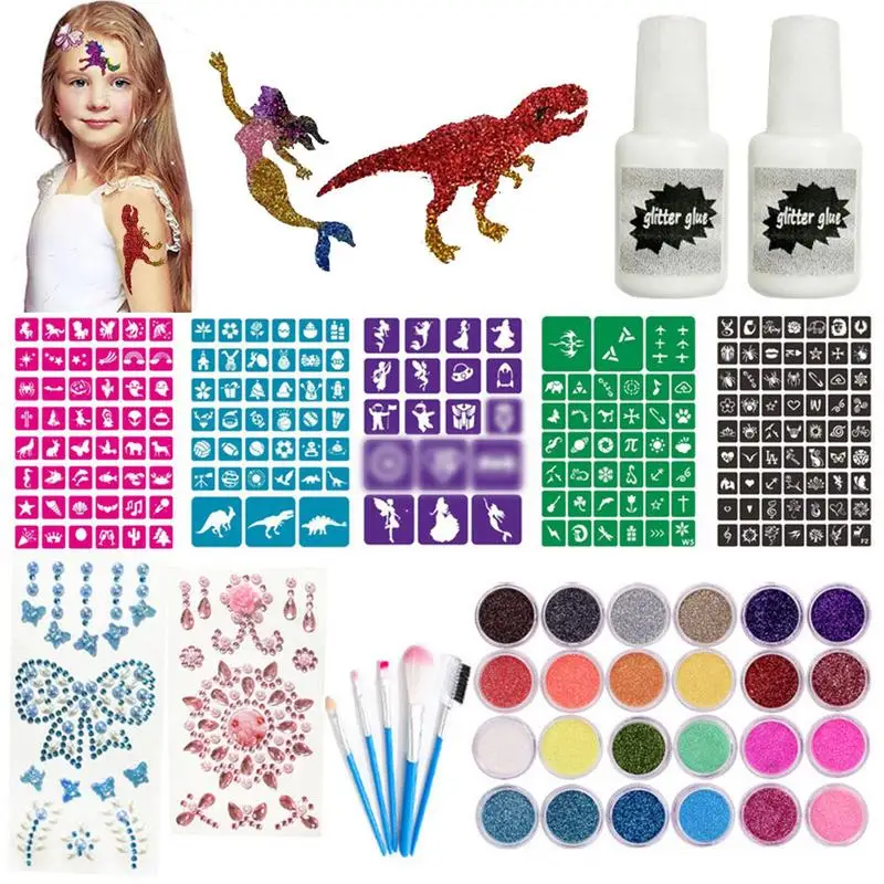 Glitter Colors Tattoo Kit With Stencil Glue Brush Makeup Glitter Body Art Design For Kids Body Painting Glitter Powder Halloween