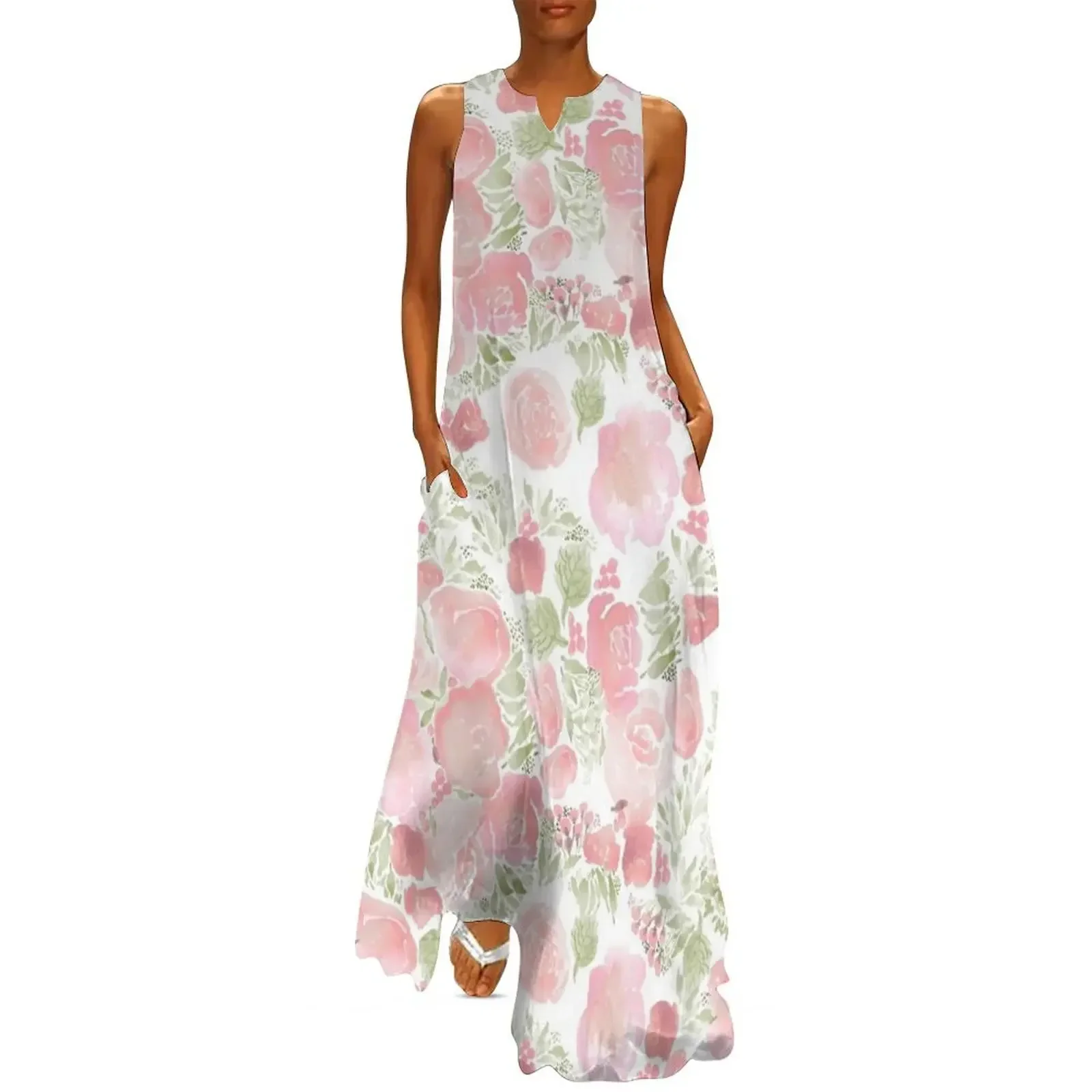 

watercolor flowers pale pink Long Dress summer woman dress 2025 womens dress women summer 2025
