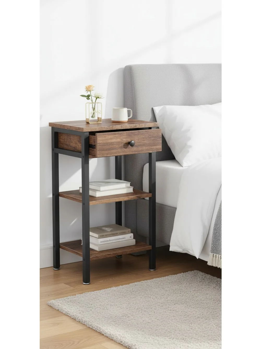 

Tall End Side Table with Adjustable Shelf & Bin Drawer for Small Spaces Living Room Bedroom Nightstand