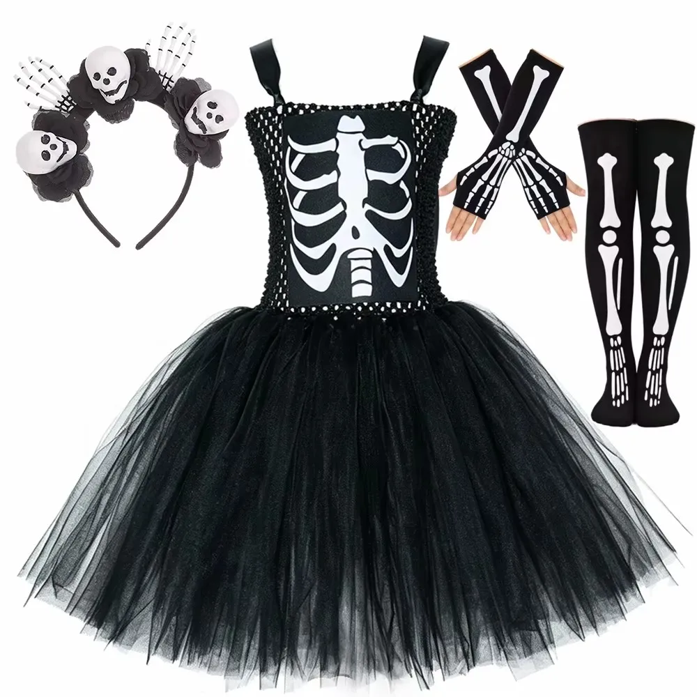 Black Skeleton Halloween Costumes for Girls Scary Ghost Fancy Tutu Dress Set with Skull Headband Children Carnival Horror Outfit