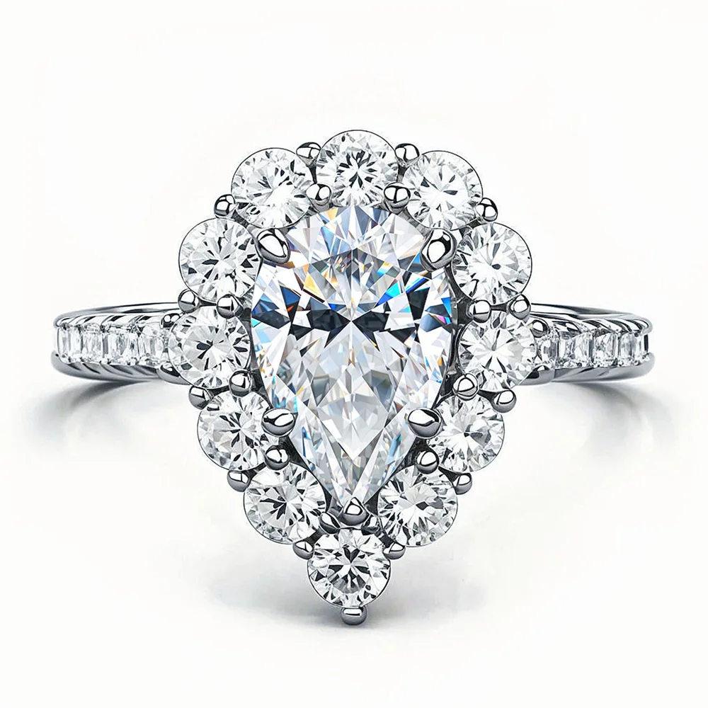 

S925 Rhodium Plated Silver 1.5CT D Color Moissanite 6x9mm Teardrop Full-Paved Ring for Women, Exquisite Jewelry