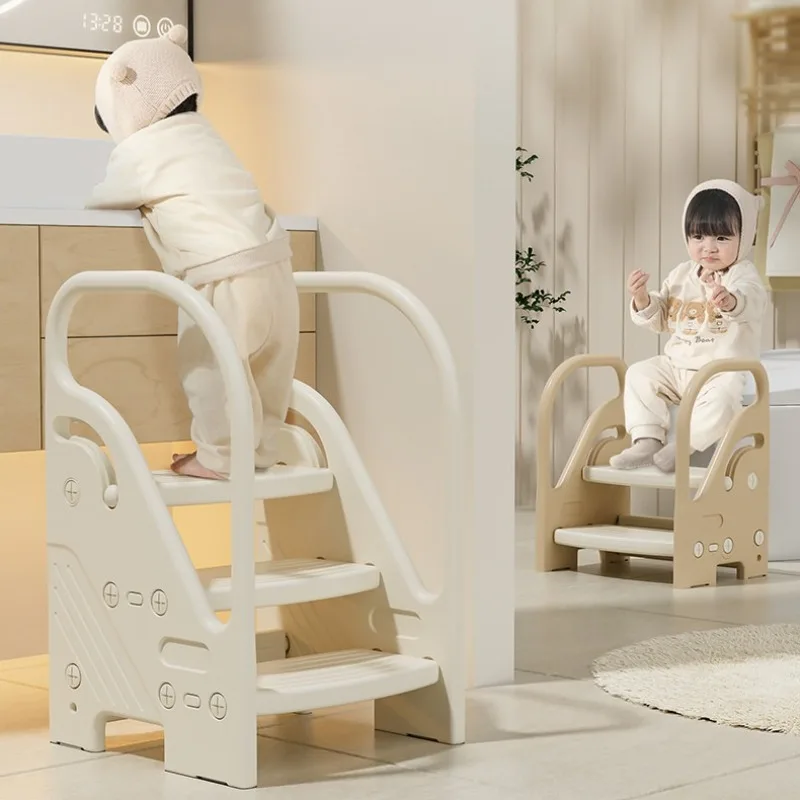 Eco HDPE Step Stool, Non-Slip Bathroom Washing Stand for Kids/Seniors, Safety Stair Climbing Elevation Bench with Handrail
