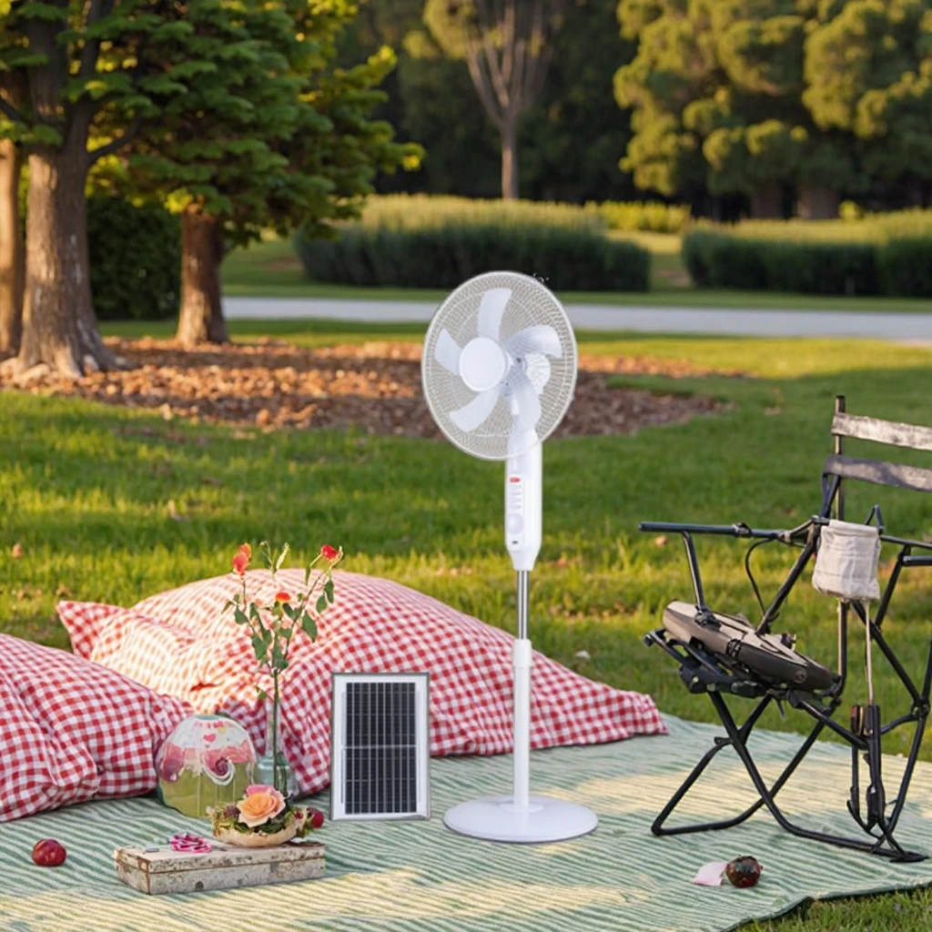 16-Inch White Outdoor Solar USB Rechargeable Air Cooling Fan 5 Blades Adjustable Height for RV