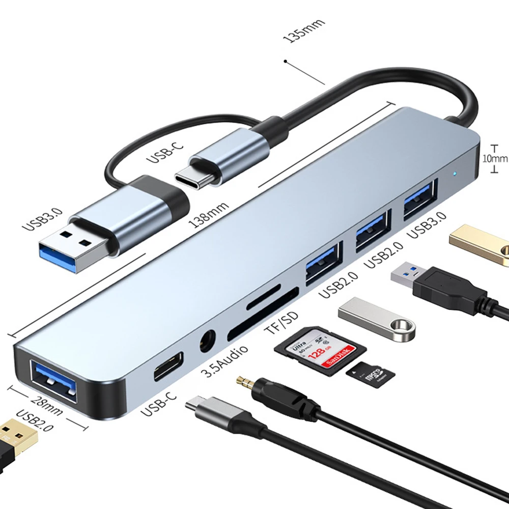 

USB Hub USB Splitter 8 in 2 USB Extender with 4 USB Port 1 USBC Port TF/SD Card Reader Audio Output Compatible with MacBook