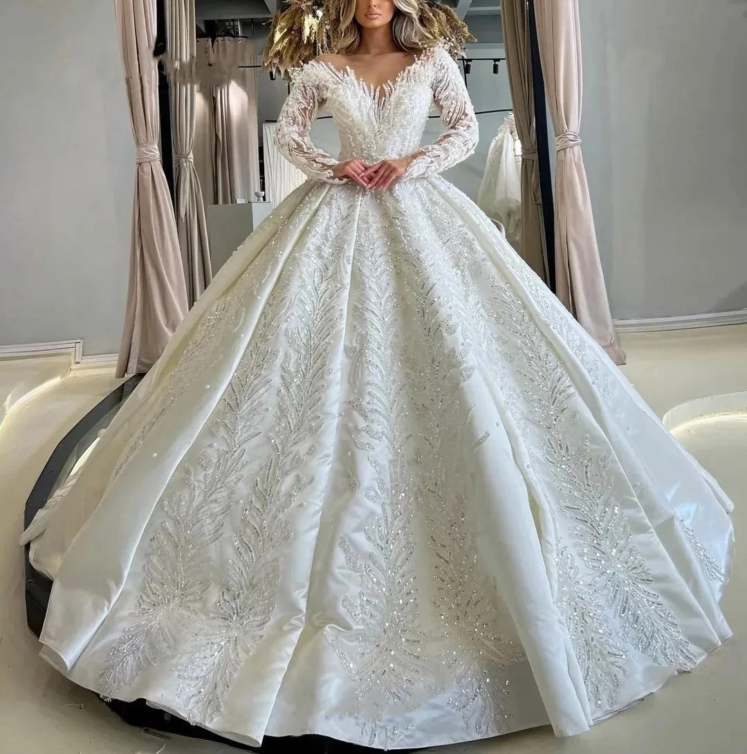 

Charming Wedding Dress Pearls Sequins Beading Custom Made Bridal Ball Gowns Long Sleeves Vestido De Novia