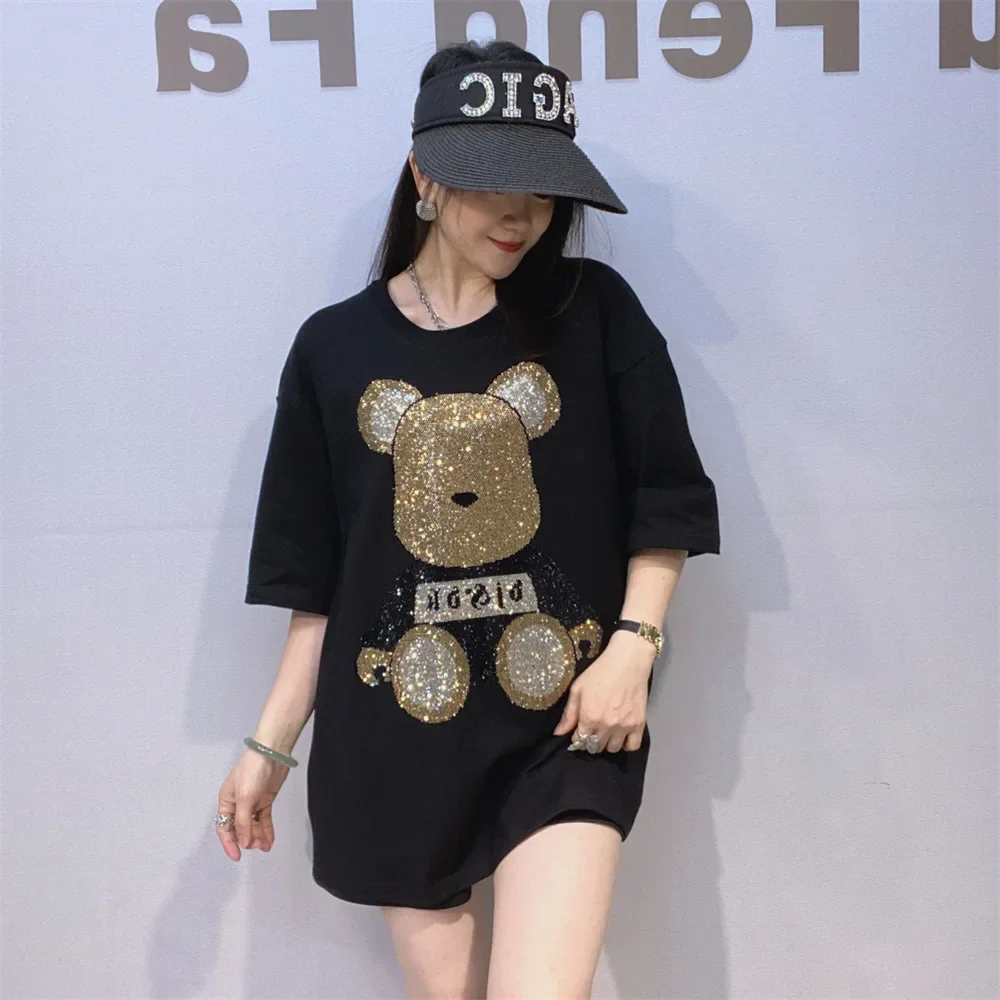 Plus Size Cartoon Bear Pattern Diamonds Short Sleeve Tees for Women Summer Clothing Thin Casual Loose O Neck T Shirt Knitwear