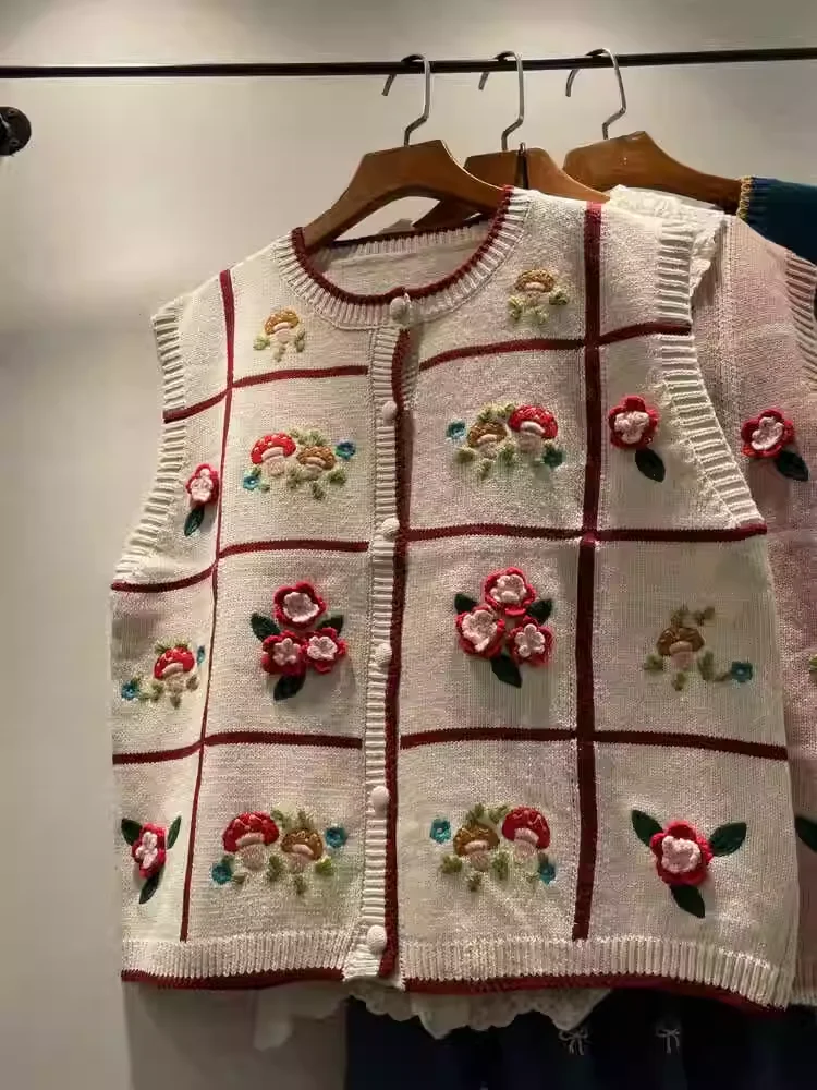 Women's Sweater Vest Mori Girl Forest Mushroom Embroidery Knitted Vest  Women Japanese Kawaii Sleeveless Cardigan