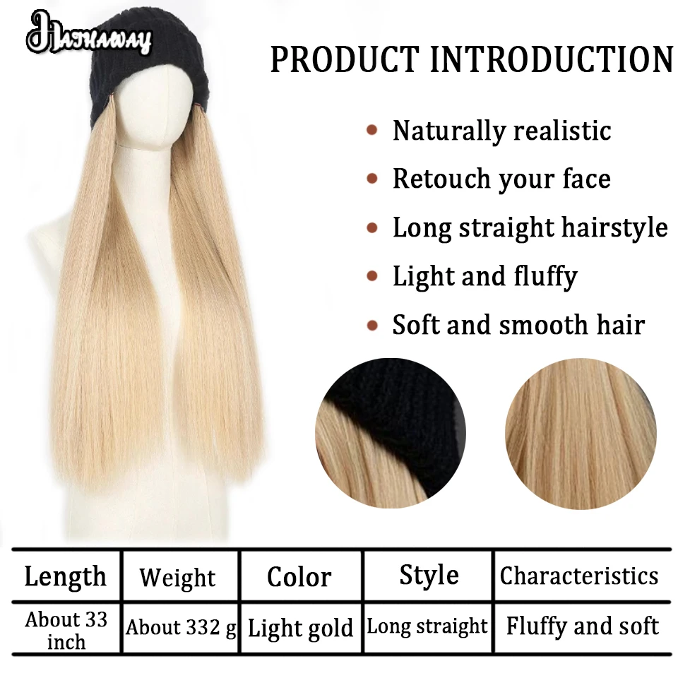 33 Inch Black Knit Hat Light Gold Long Straight Hair Ladies Synthetic Wig To Keep Warm Winter Wig Hat Integrated Knit Hat Wig