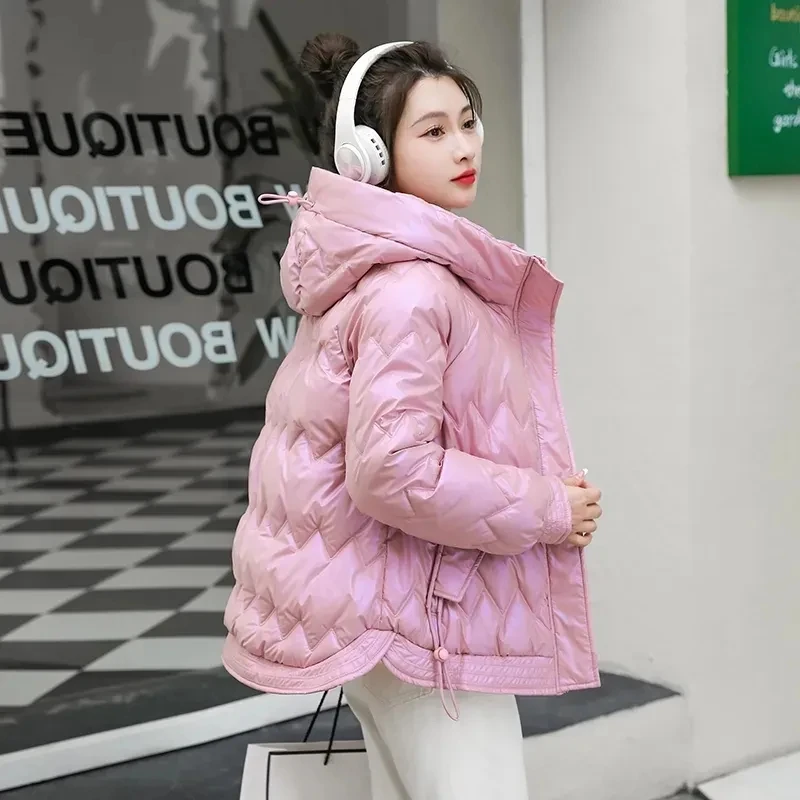 2023 New Winter Women Short Parkas Hooded Down Cotton Padded Jacket Female Overcoat Thick Warm Glossy Outwear Lady Outerwear