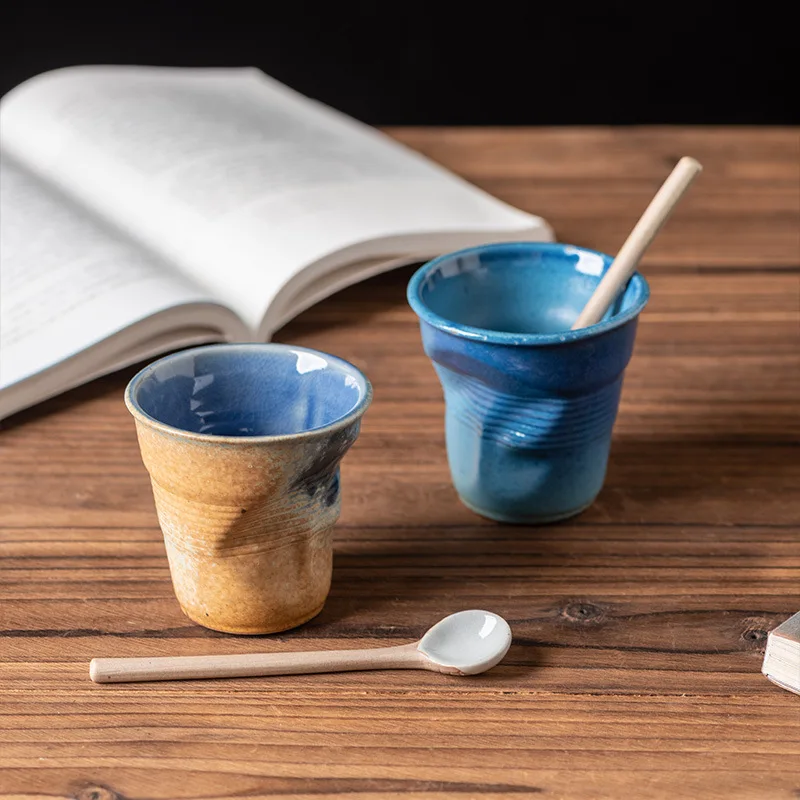 

200ml Japanese Vintage Ceramic Cup with spoon, Mugs, Irregular Coffee Cup, Coarse Pottery Water Cup