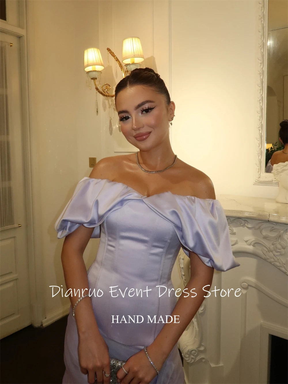 فستان Dianruo بأكمام منتفخة للحفلات الراقصة فستان قصير غير متماثل لحفلات العودة للوطن من الساتان بدون أكتاف فيستدوس دي بودا بارا فييستاس مخصص #2