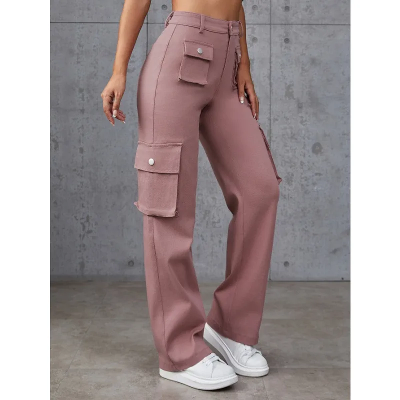 Calça reta solta feminina, cintura alta, bolso múltiplo, simples e confortável, casual, nova