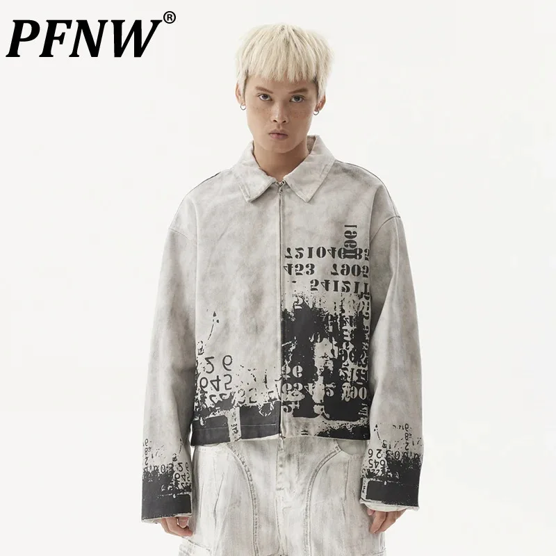 

PFNW American Vintage Dirty Dye Worn-out Short Jacket Men's Lapel Printting Design Streetwear Male Autumn Chic Tops New 28W5108