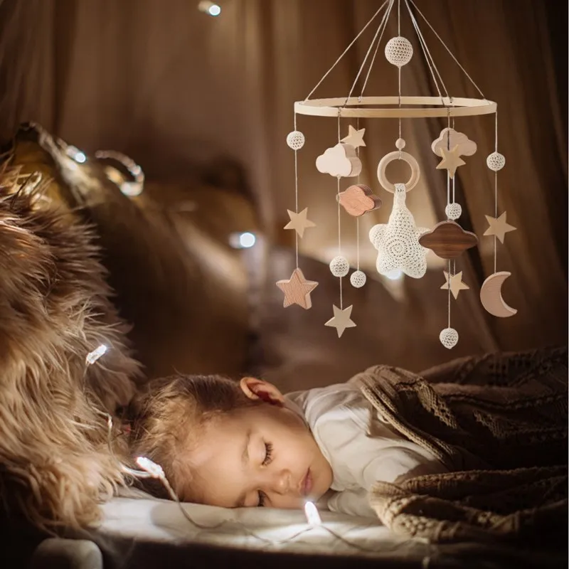 Hochet en bois pour bébé de 0 à 12 mois, Mobile sur le lit, boîte à musique, cloche de lit, jouets suspendus