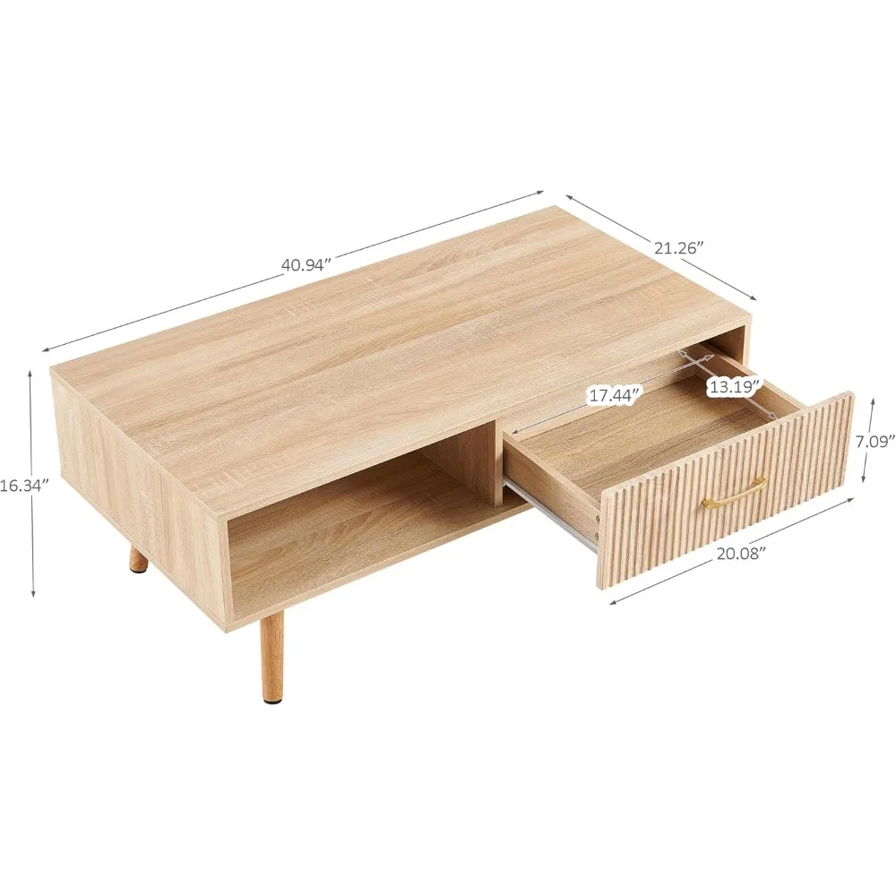 Mid Century Wooden Coffee Table with Stripe Drawer，Modern 41" Large Center Table with Storage，Rectangular Light Wood Coffee Tabl
