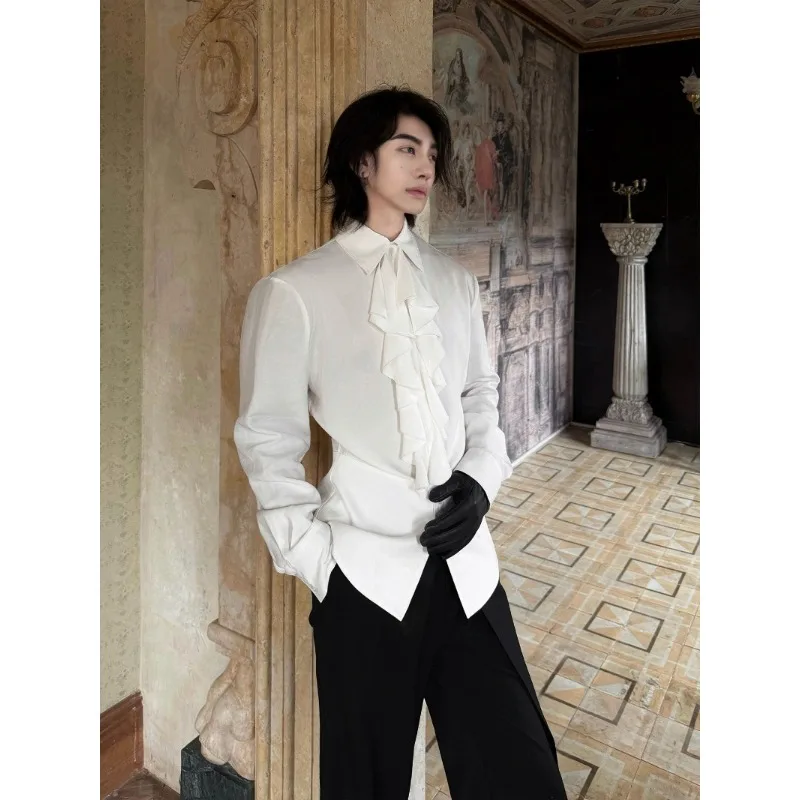 

Men Court Detachable Lotus Leaf Collar Waist Long Sleeve Shirt