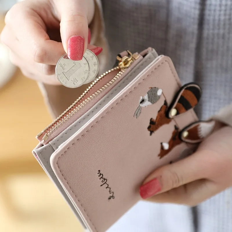 2022 Cute Animals Embroidery High Capacity Thin Wallet Women Zipper Fold Mini Coin Purse Card Holders Short Wallets New Trend