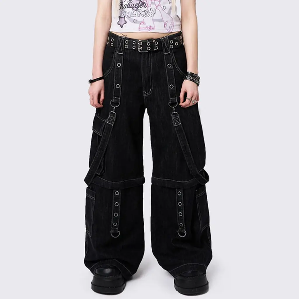 Combhasaki Women Y2K Vintage Cargo Long Pants with Multi Pockets Chain Buckle Button Waist Casual Grunge Wide Leg Denim Trousers