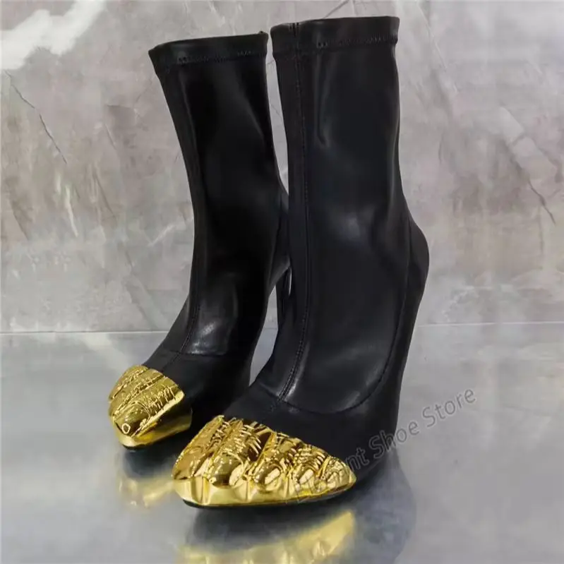 Gold Five Finger Short Boots Women's Strange Style Thin High Heels Shoes Luxury Ladies Genuine Leather Zipper Stretch Booties