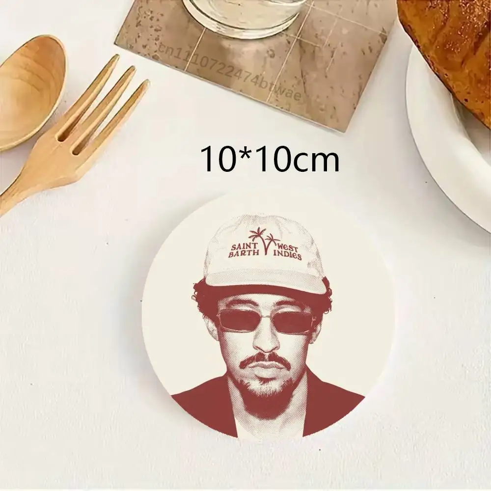 B-Bad B-Bunny Round Wooden Coasters Suitable For Restaurants And Coffee Home Gift Choice Holidays