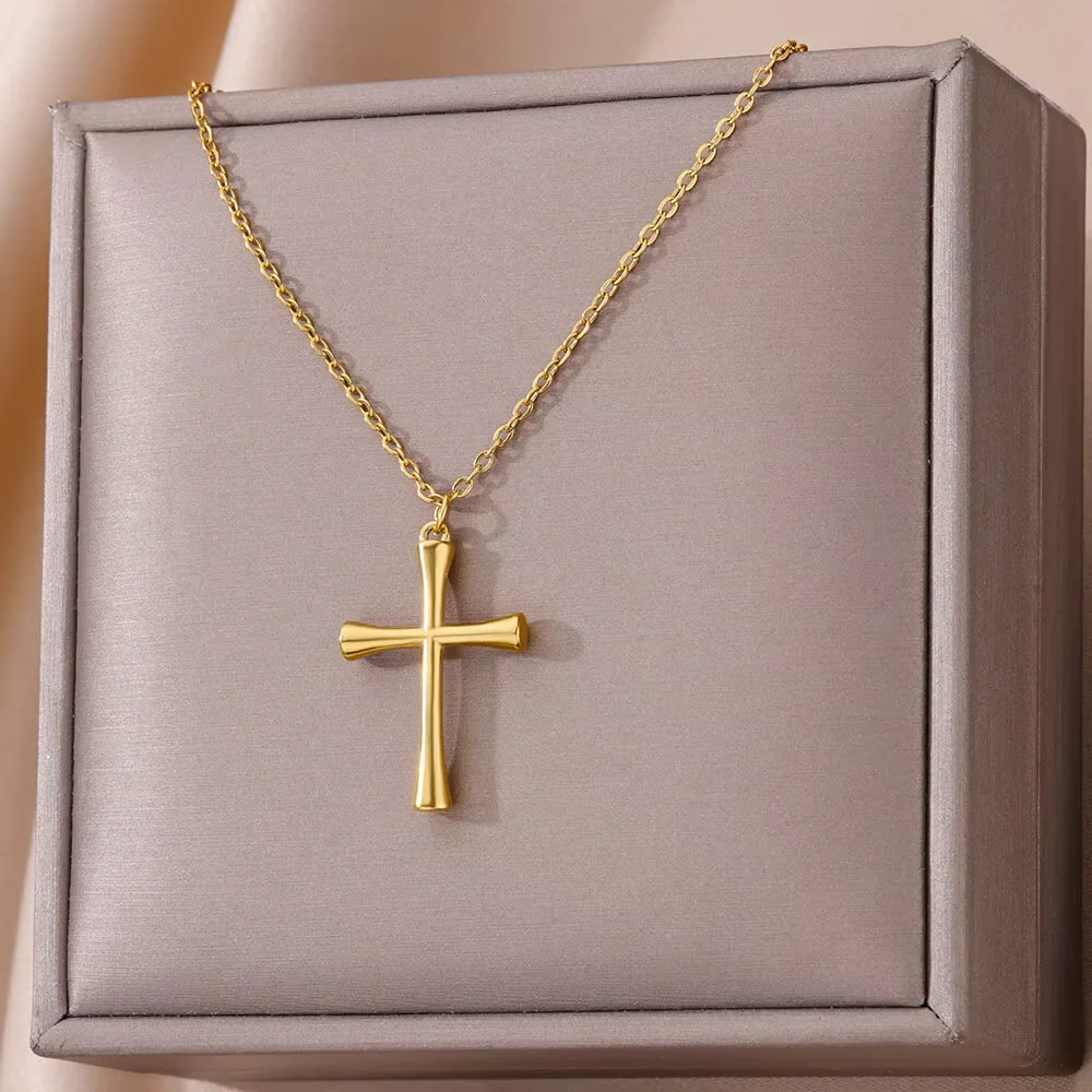 Stainless Steel Cross Necklaces For Women Men Gold Color Religion Charm Choker Necklace Jewelry Gift Bijoux Femme Lucky Gift