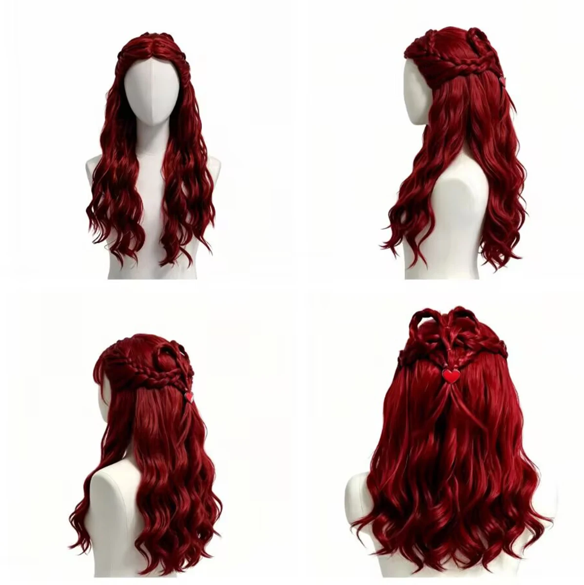 Braided Red Long Wavy Synthetic Wig with Heart Ornament, Women Fashion Cosplay Party Costume Wig