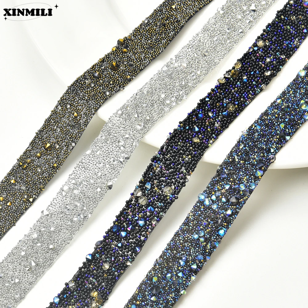 Hot Fix Rock Diamond Crystal Ribbon Trimming 1.5cm Width Rhinestone Chain Tape Iron on Round Caviar Beads Banding for Dress DIY