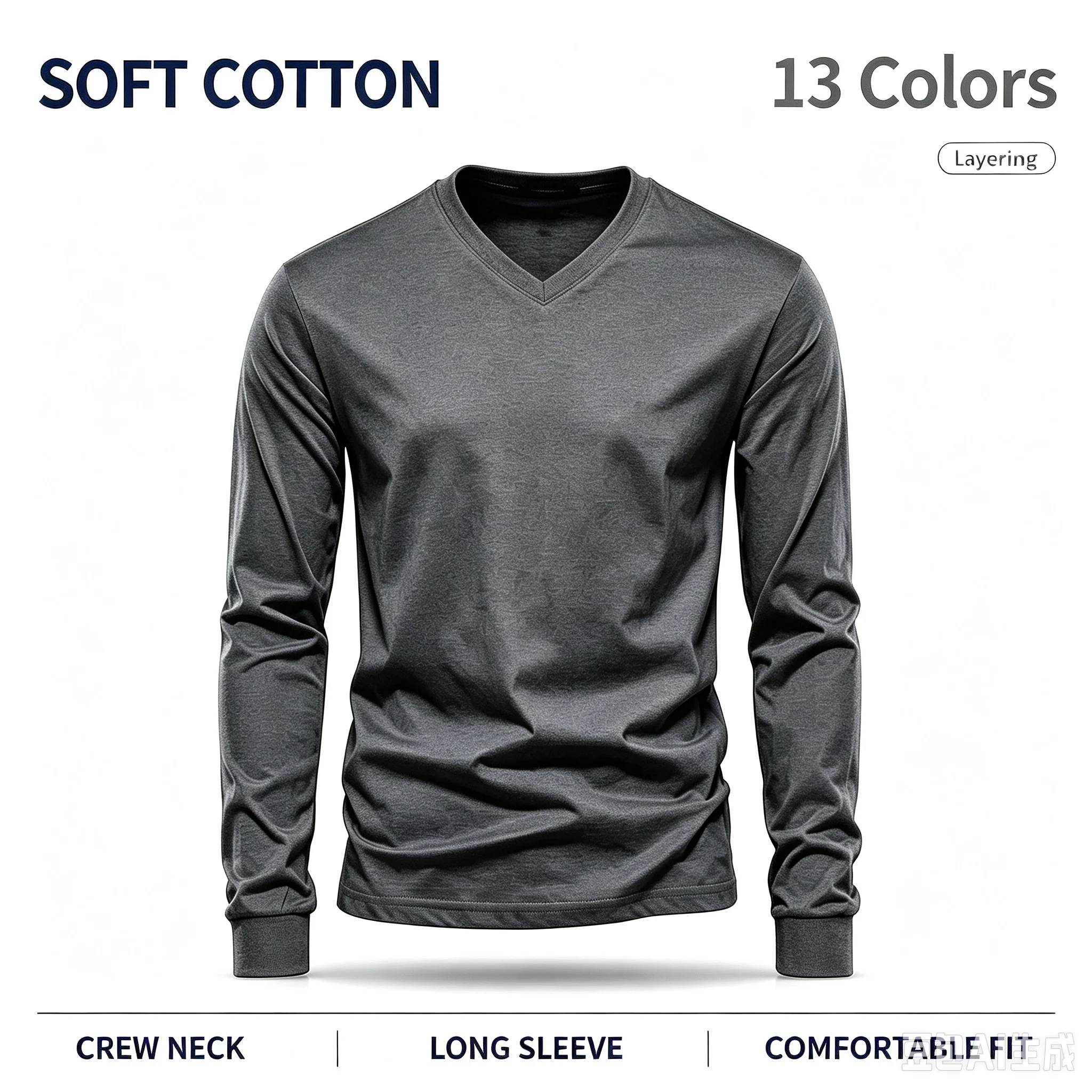 V‑Neck Long Sleeve T‑Shirt Soft Cotton Basic Tee Casual Solid Color Slim Fit Pullover Tops Daily Wear Layering Shirts For Men