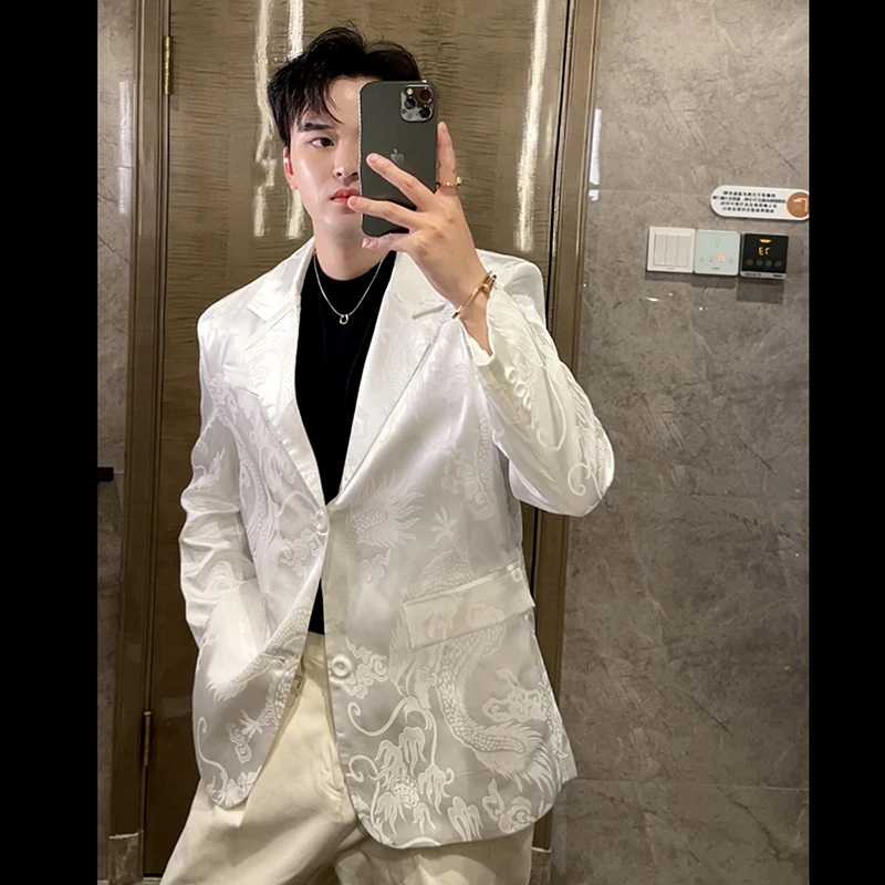 

Dragon Pattern White Casual Suit Jaet for Men Sli Briti Sle Spring Autumn Faionable Men's Clothing