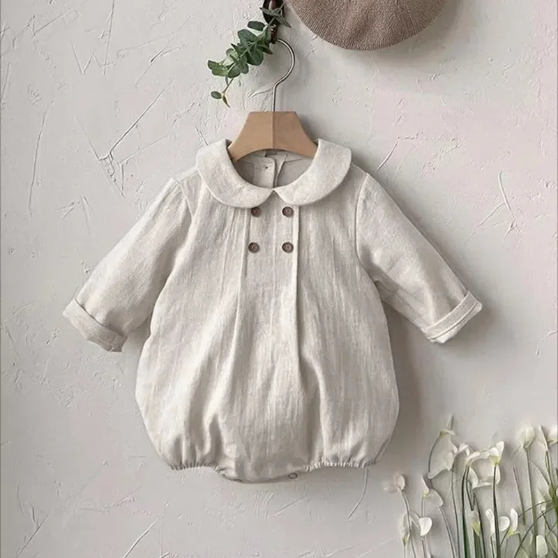 Autumn Collection Men's Women's Baby Preppy Style Round Neck Long Sleeve Jumpsuit Crawling Clothes Dual Row Buckle Linen Fabric