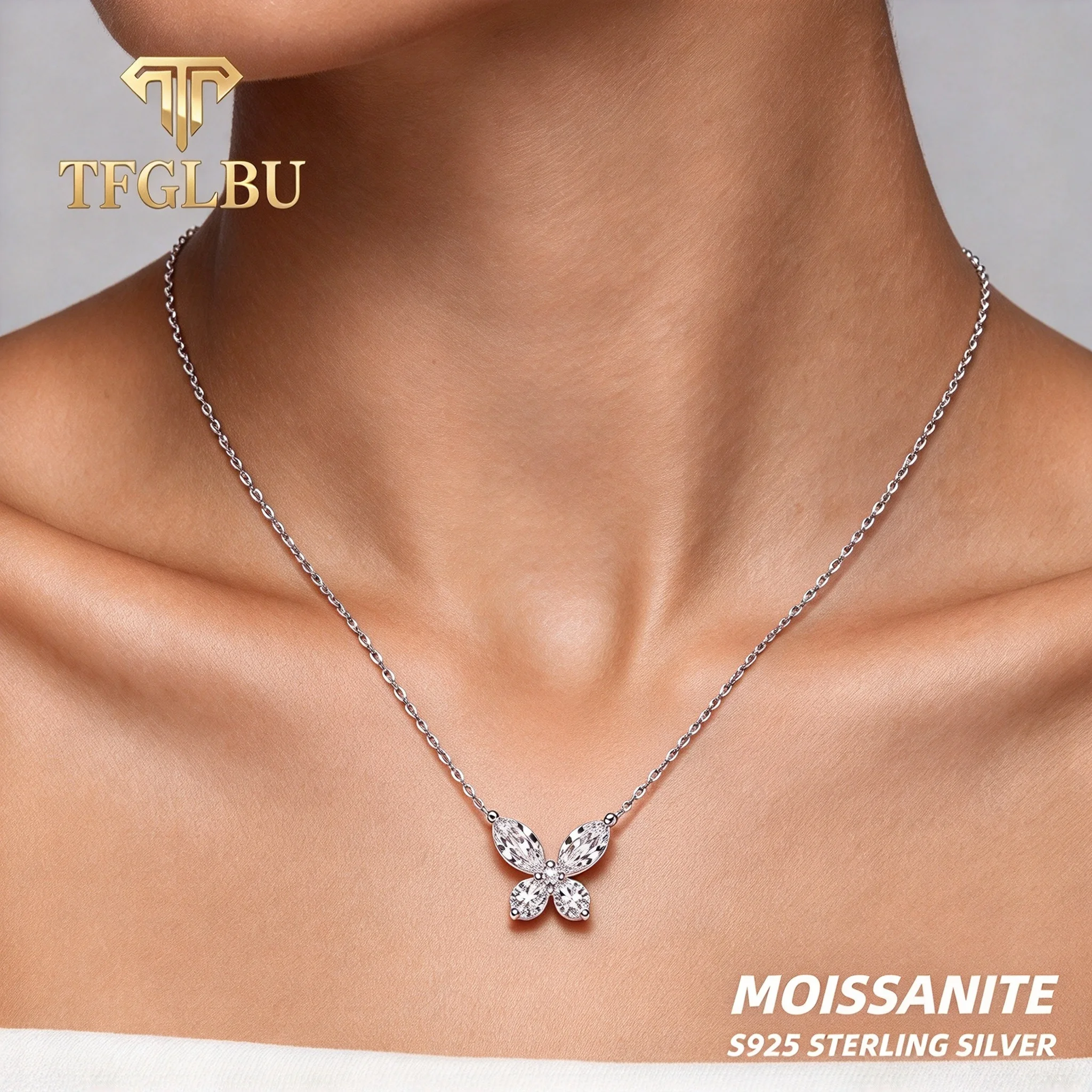 TFGLBU Butterfly Moissanite Necklace for Women S925 Silver Marquise Round Cut Moissanite Pendant Necklace Wedding Fine Jewelry