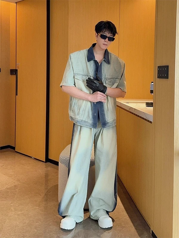 

Retro Washed Denim Jacket And Straight Leg Pants Men's Fashion Set Cool And Handsome All in One Youth Summer Outfit