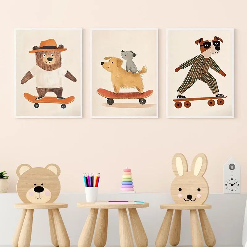 Dog Airplane Lion in Car Animal Skateboard Tiger on Bicycle Poster Print Canvas Painting Print Nursery Wall Art Kids Room Decor