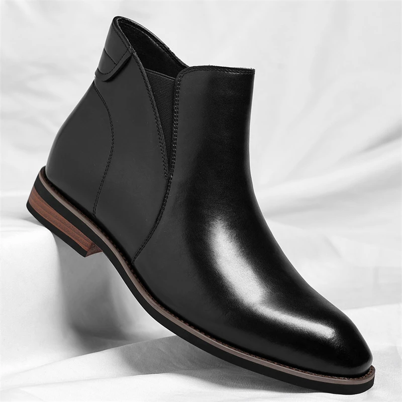 Mens Brown Gradient Leather Chelsea Ankle Boots Side Zipper Elastic Panel Block Heel Formal Business Office Work Daily Wear Boot