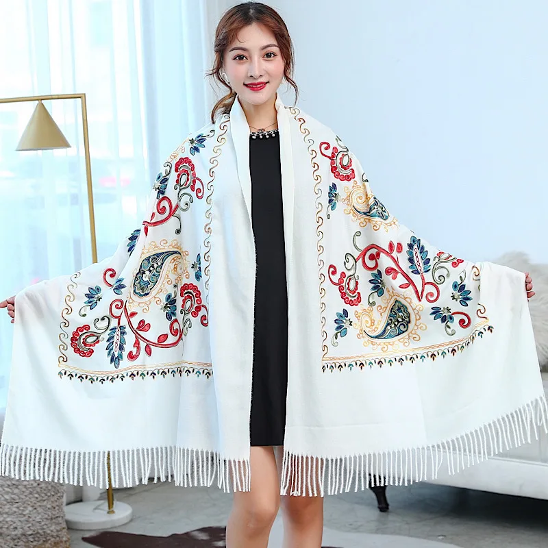 Poncho Cloak Embroidered Flower Scarf Imitation Cashmere Shawl Ethnic Style Tourism Cloak Warm and Wind Flowing Su Girl White