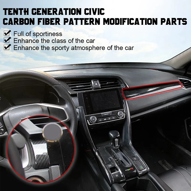 NEW-6Pcs Car Interior Moulding Dashboard Trims Strips Center Consoles Stickers Trim Cover For Honda Civic 10Th Gen 2016-2020