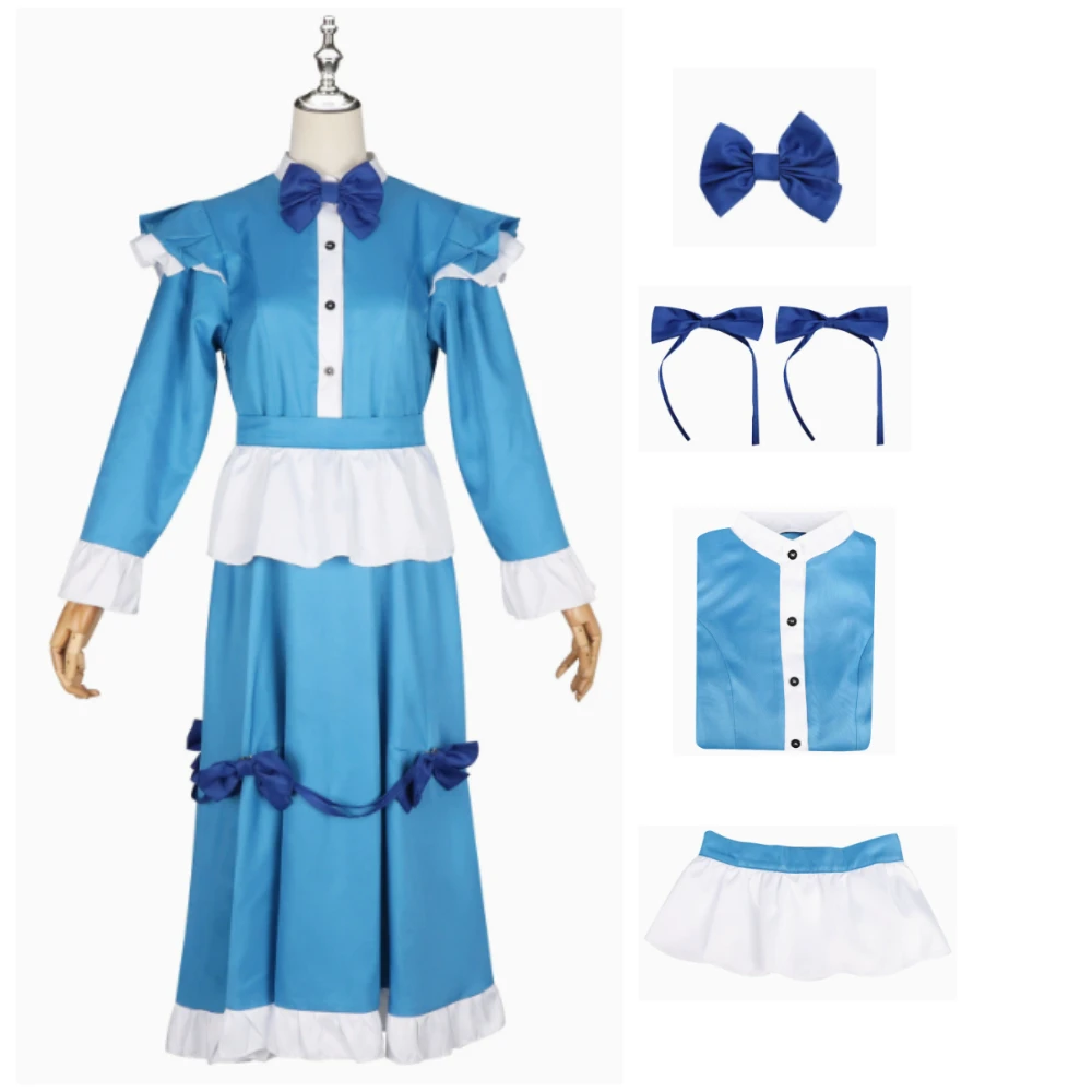 

Game Cosplay Costume Red Hair Women Girl Blue Maid Dress Halloween Party Stage Performance Outfit Playtime Costumes