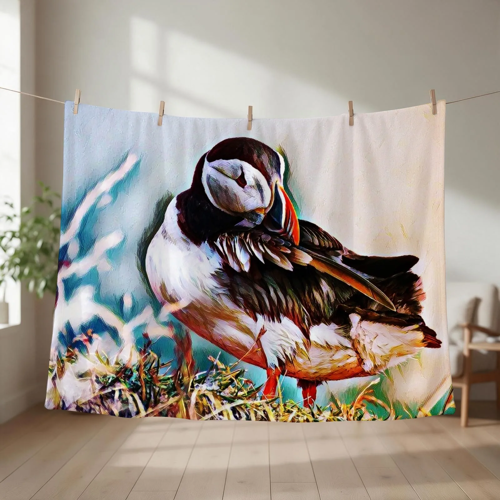 Puffin Bird Abstract Painting Art Design Throw Blanket Cute Plaid Beach Blankets For Bed Blankets For Baby Blankets