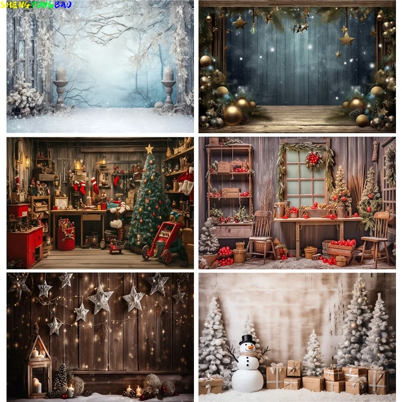 

Christmas Tree With Gift Boxes Photography Backdrops Winter Snow Decorations Wooden Door Fireplace Room Background Props WR-05