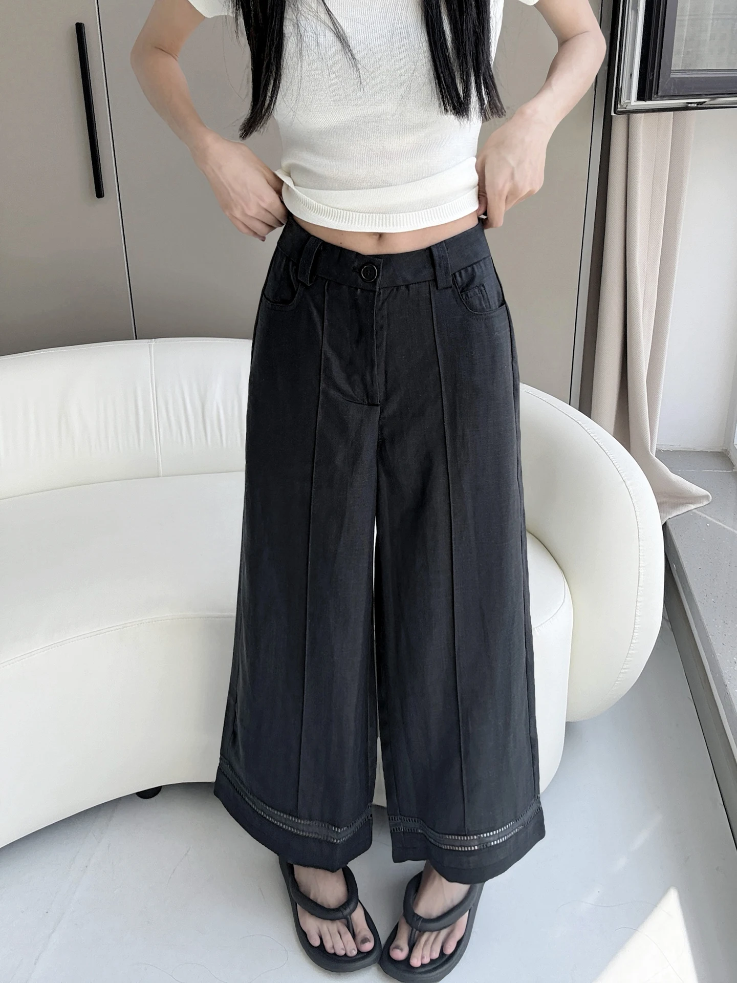 

MianCun High-End Feeling Hollow out Linen Pants Women Summer New Style Casual Small Size Loose Wide Leg Pants