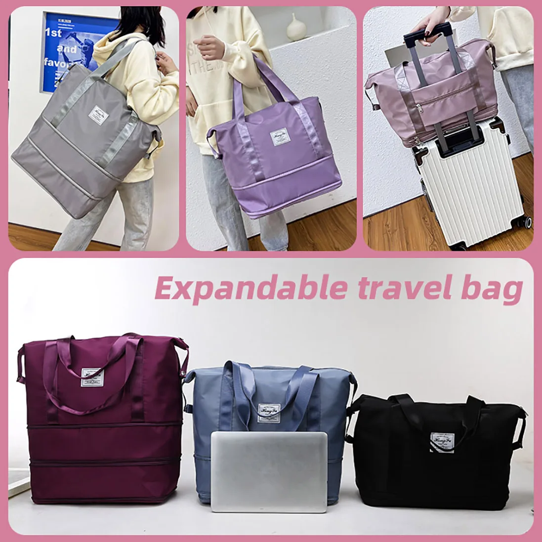 Bolso de mano impermeable de gran capacidad para viaje, bolsa de mano con separación en seco y húmedo, plegable y extensible, con bolsillo para zapatos