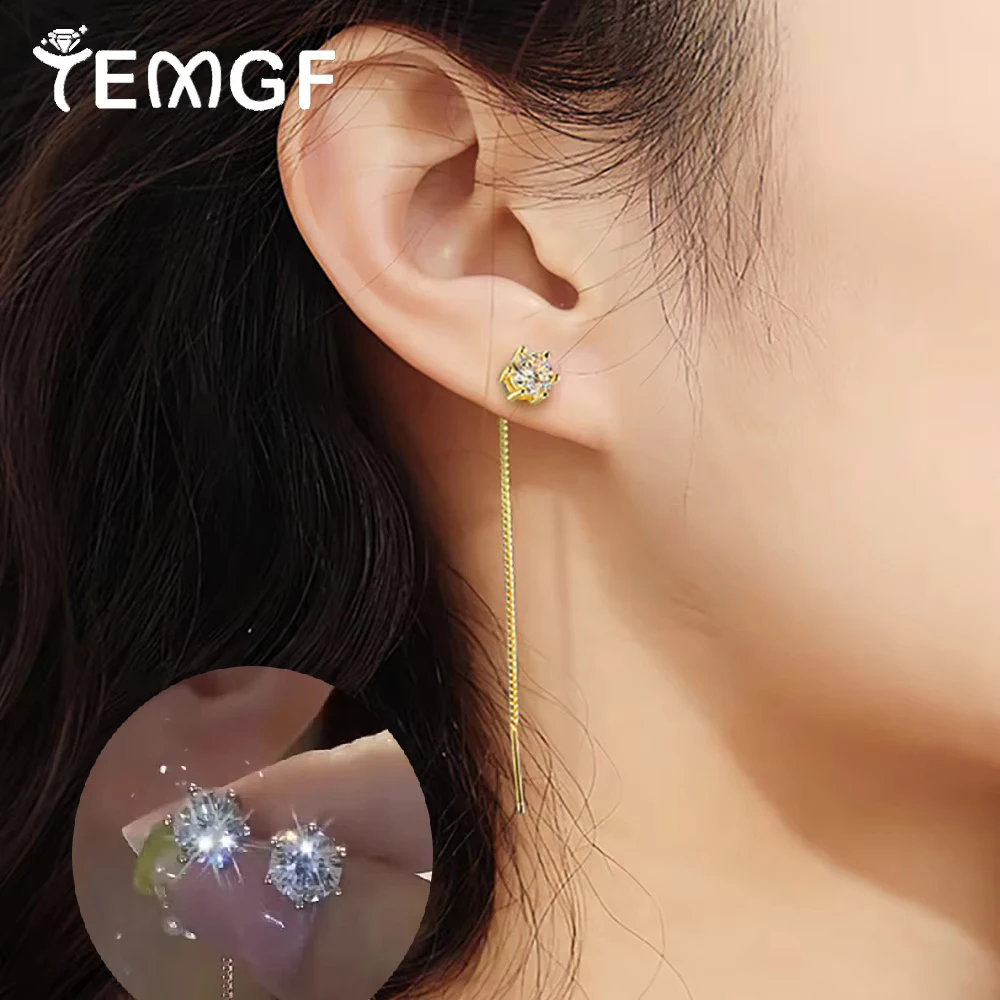 TEMGF 1 Pair Sparkling Moissanite Stud S925 Sterling Silver Ear Threads Tassel Earrings for Women Classic Simple Fasion Fine