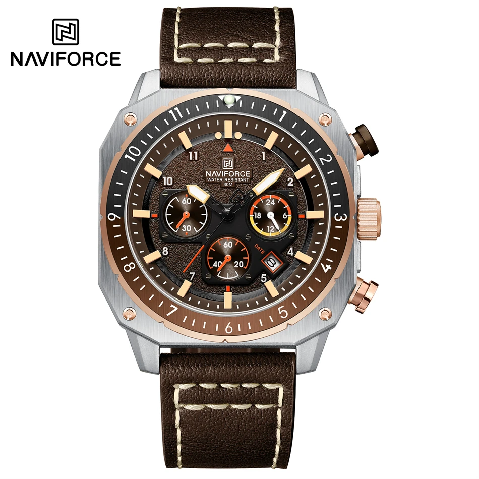 NAVIFORCE Sport-Multifunktions-wasserdichte Uhren für Herren, modisches Leder, Luxusmarke, Quarz, analog, leuchtend, quadratisch, Armbanduhr 10