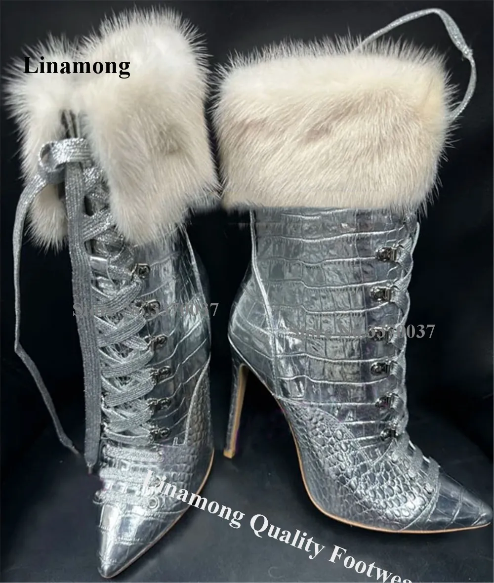 

Linamong Sexy Silver Snakeskin Leather Ankle Fur Wraped Short Boots Winter Warm Lace-up Thin Heel Ankle Booties Big Size