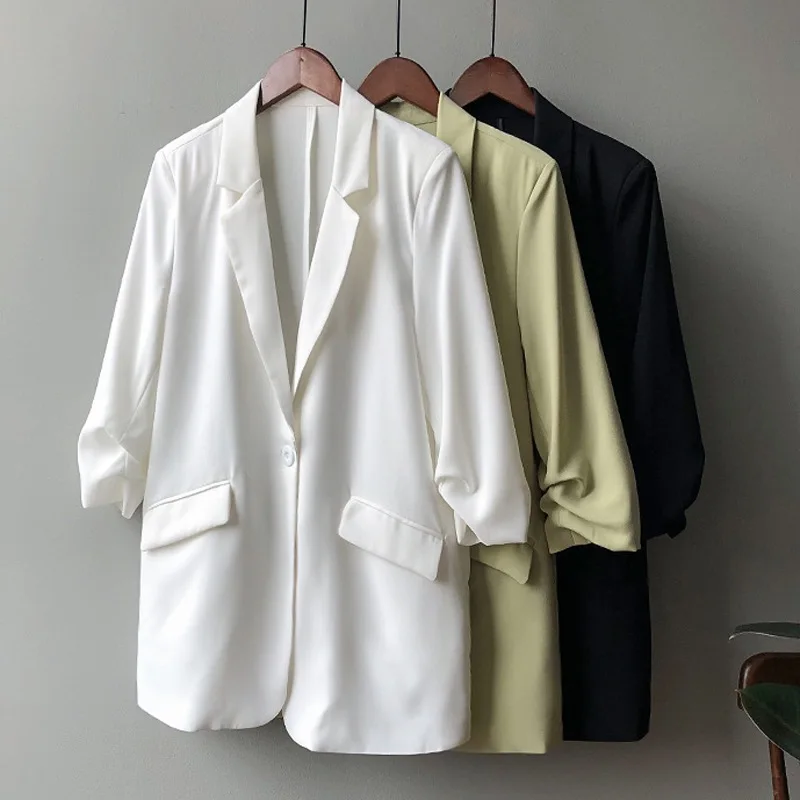 Summer Thin Unlined Three Quarter Sleeve Chiffon Blazer For Women Elegant White Suit Jackets Korean Loose Mid-length Outerwears