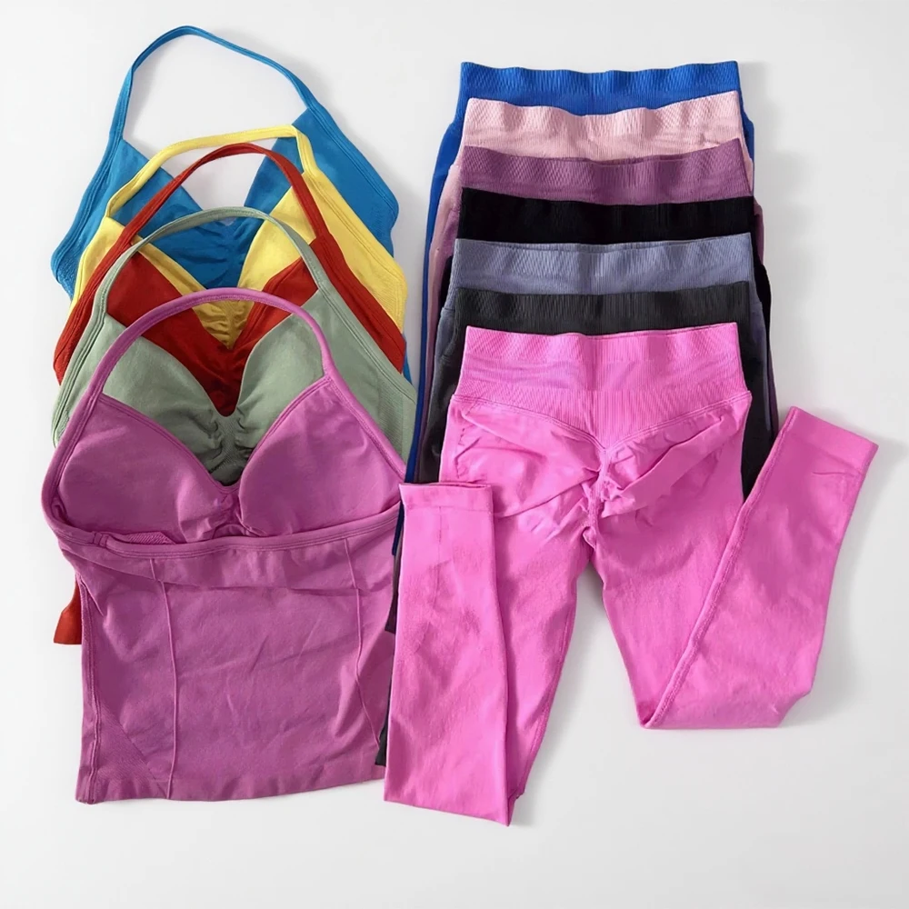 

High Quality Women's 2-Piece Yoga Set Gym Training Leggings and Neck Tank Yoga Fitness Seamless Set Pilates Workout Sportswear